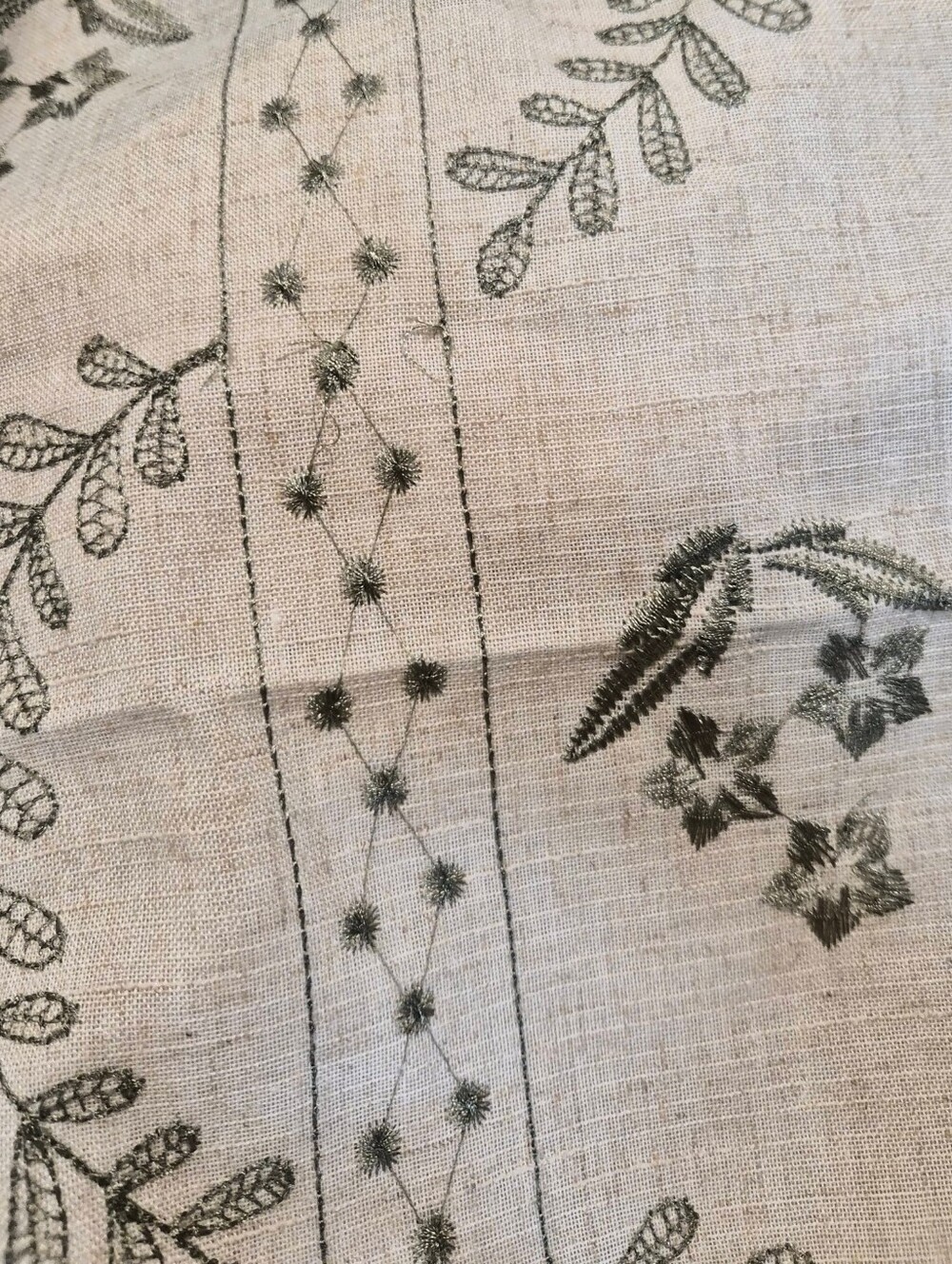 Embroidered Linen Curtains - Beige with Olive Green Design 2 Panels
